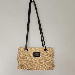 Tan and Black Woven Shoulder Bag with Rustic Texture